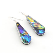 Teardrop-shaped earrings with multicolored inlay on a white background