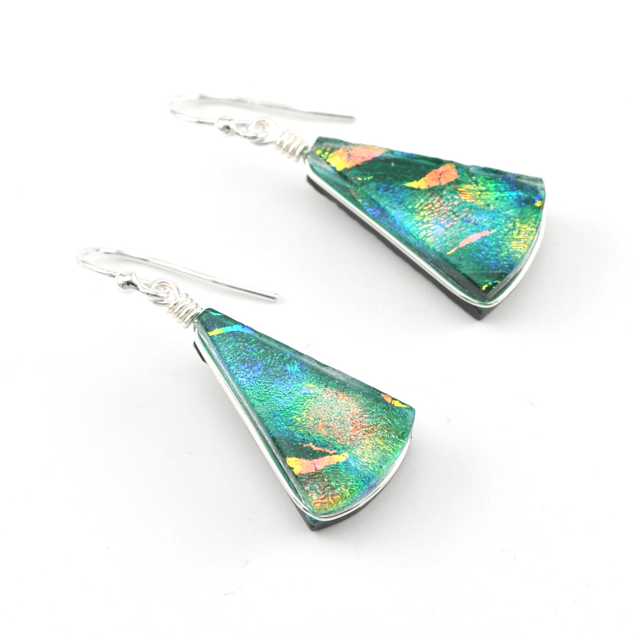 Dichroic Glass Green Rainbow Fan Dangle Earrings