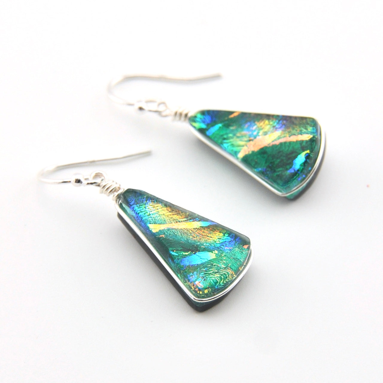 Dichroic Glass Green Rainbow Fan Dangle Earrings