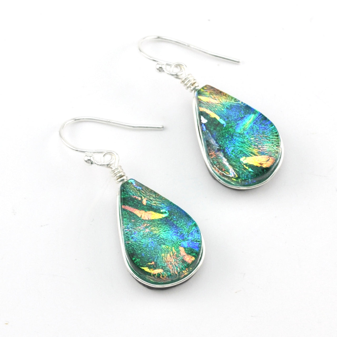 Dichroic Glass Green Rainbow Lotus Dangle Earrings