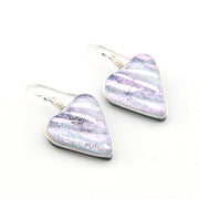 Heart earrings with purple and white striped design on a white background