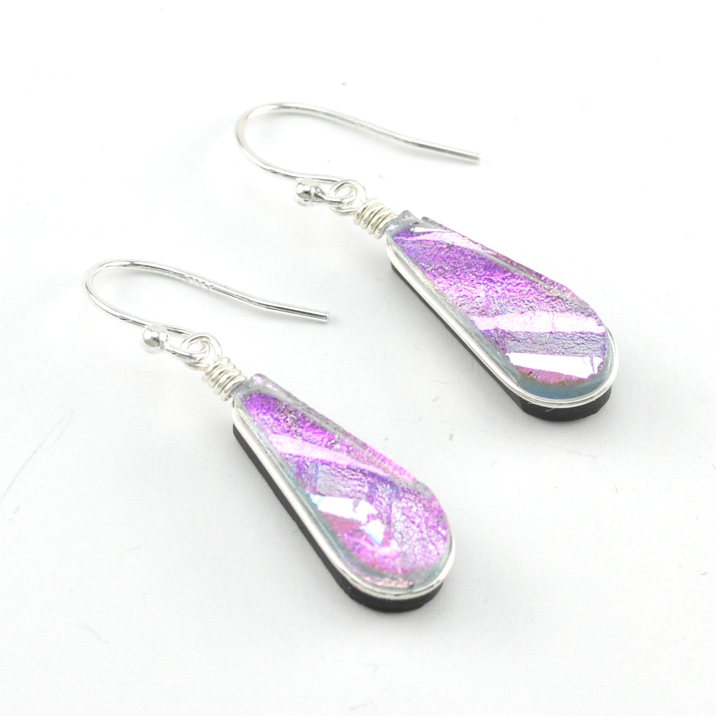 Dichroic Glass Pink Small Teardrop Dangle Earrings