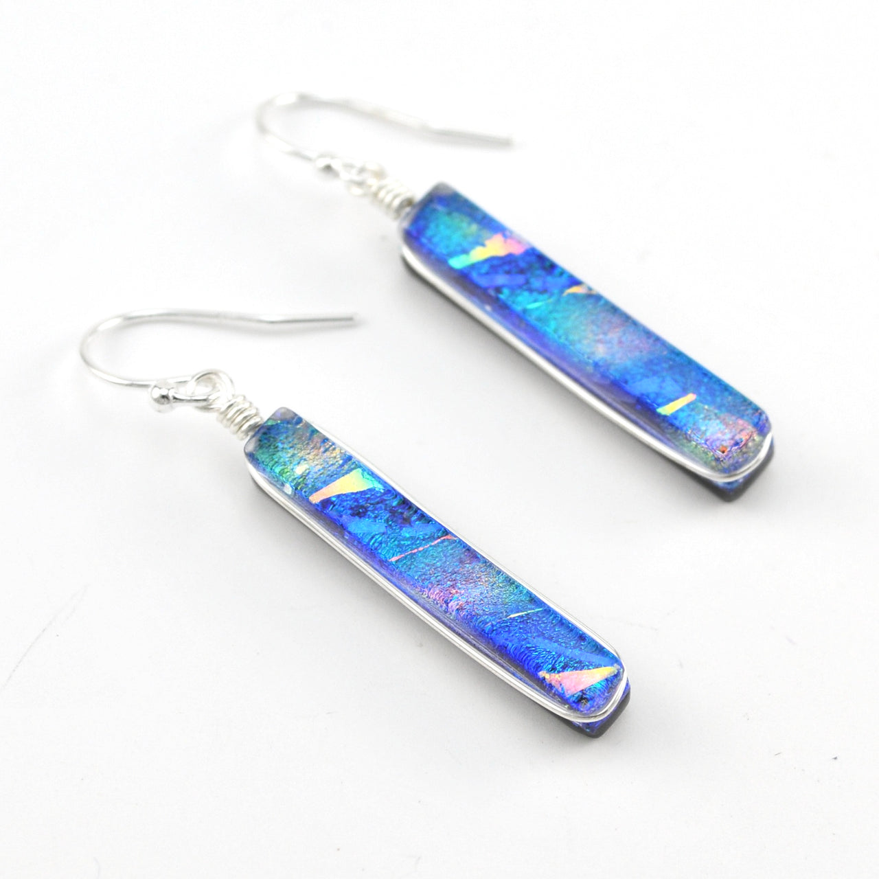 Dichroic Glass Rainbow Blue Rectangular Earring