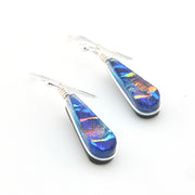 Teardrop-shaped earrings with multicolored inlay on a white background