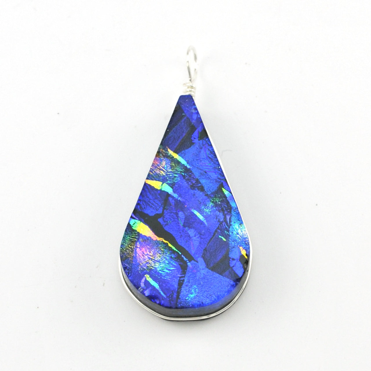 Dichroic Glass Rainbow Blue Teardrop Pendant