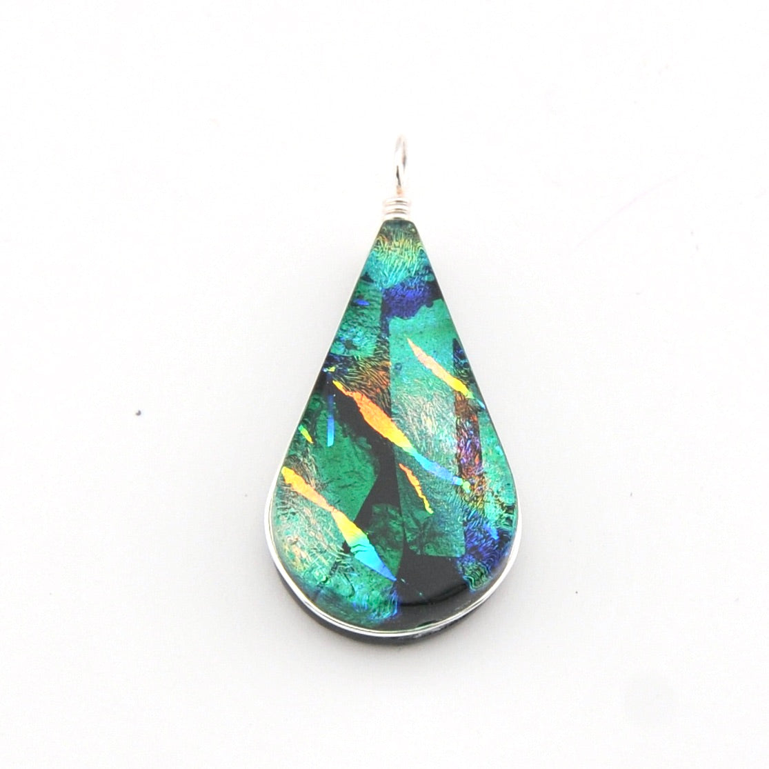 Teardrop-shaped pendant with multicolored pattern on a white background