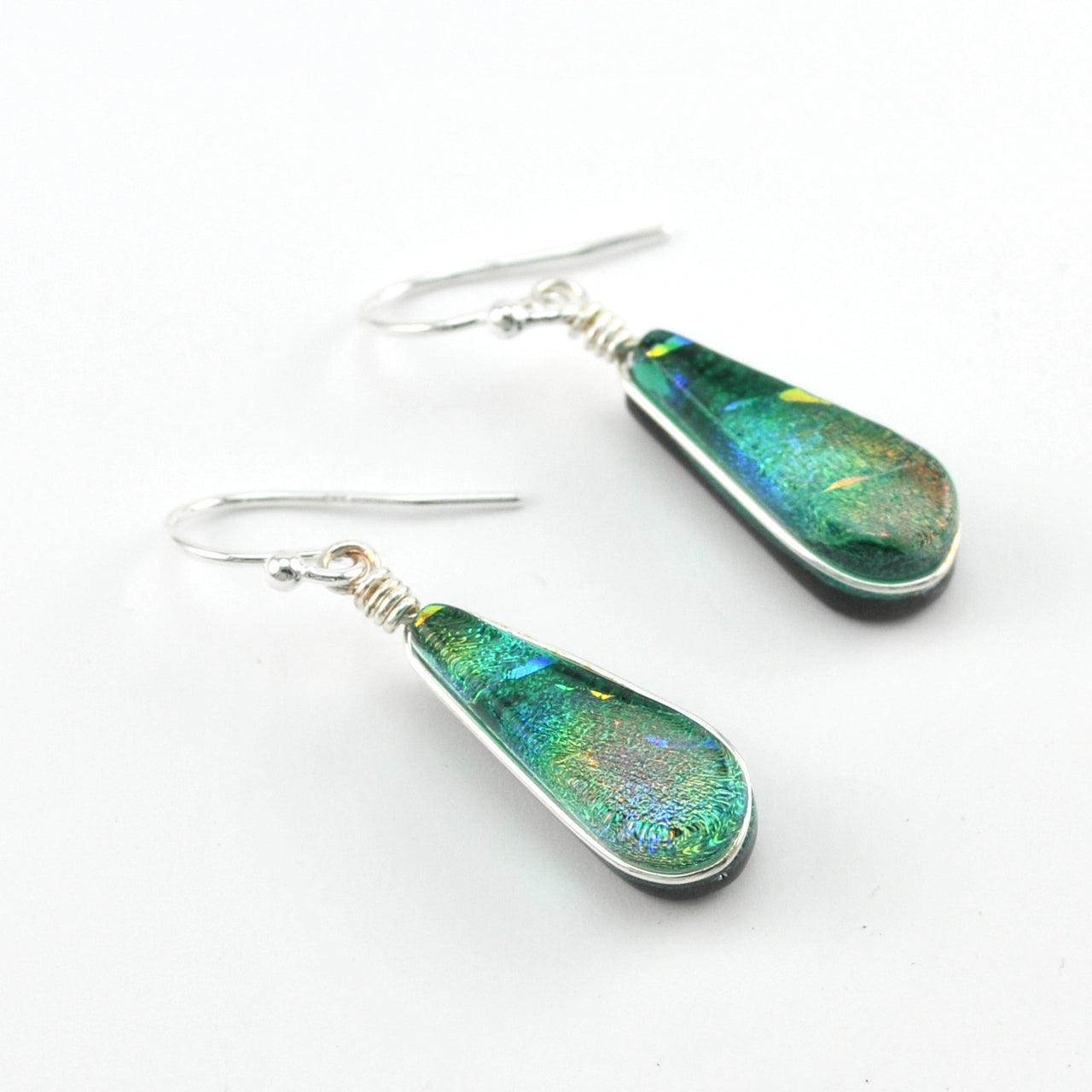 Dichroic Glass Rainbow Green Teardrop Dangle Earrings