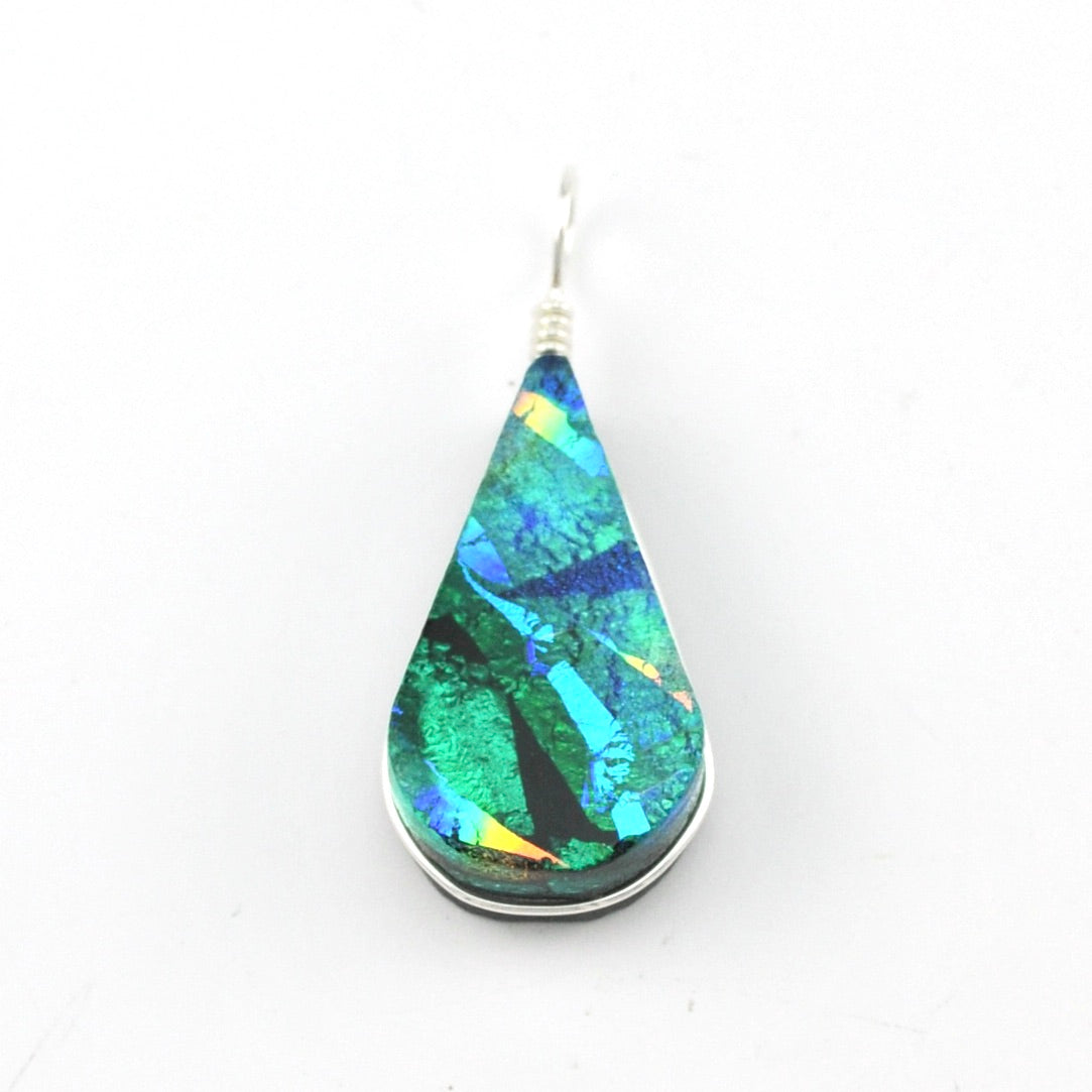 Dichroic Glass Rainbow Green Teardrop Pendant