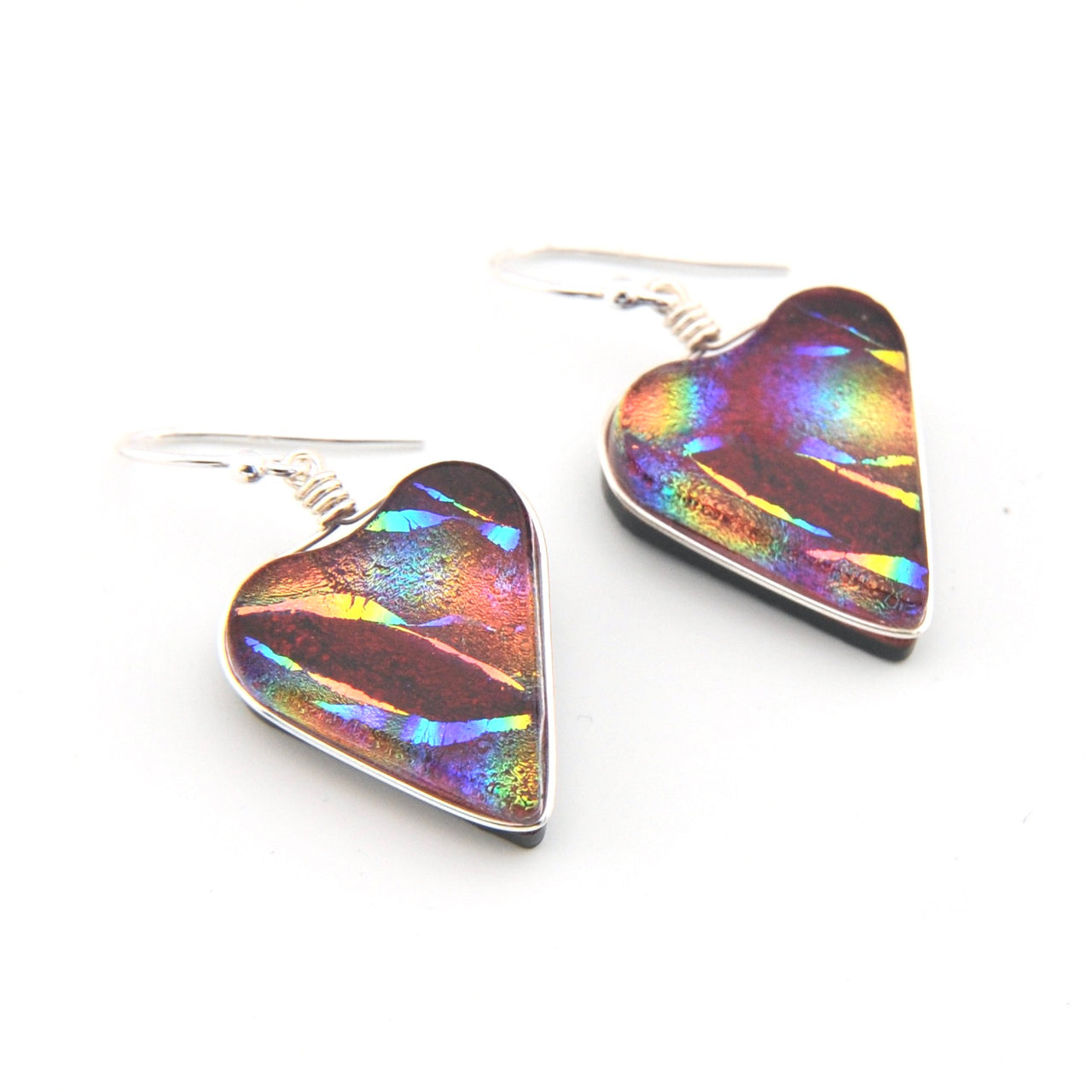 Dichroic Glass Rainbow Red Heart Earrings