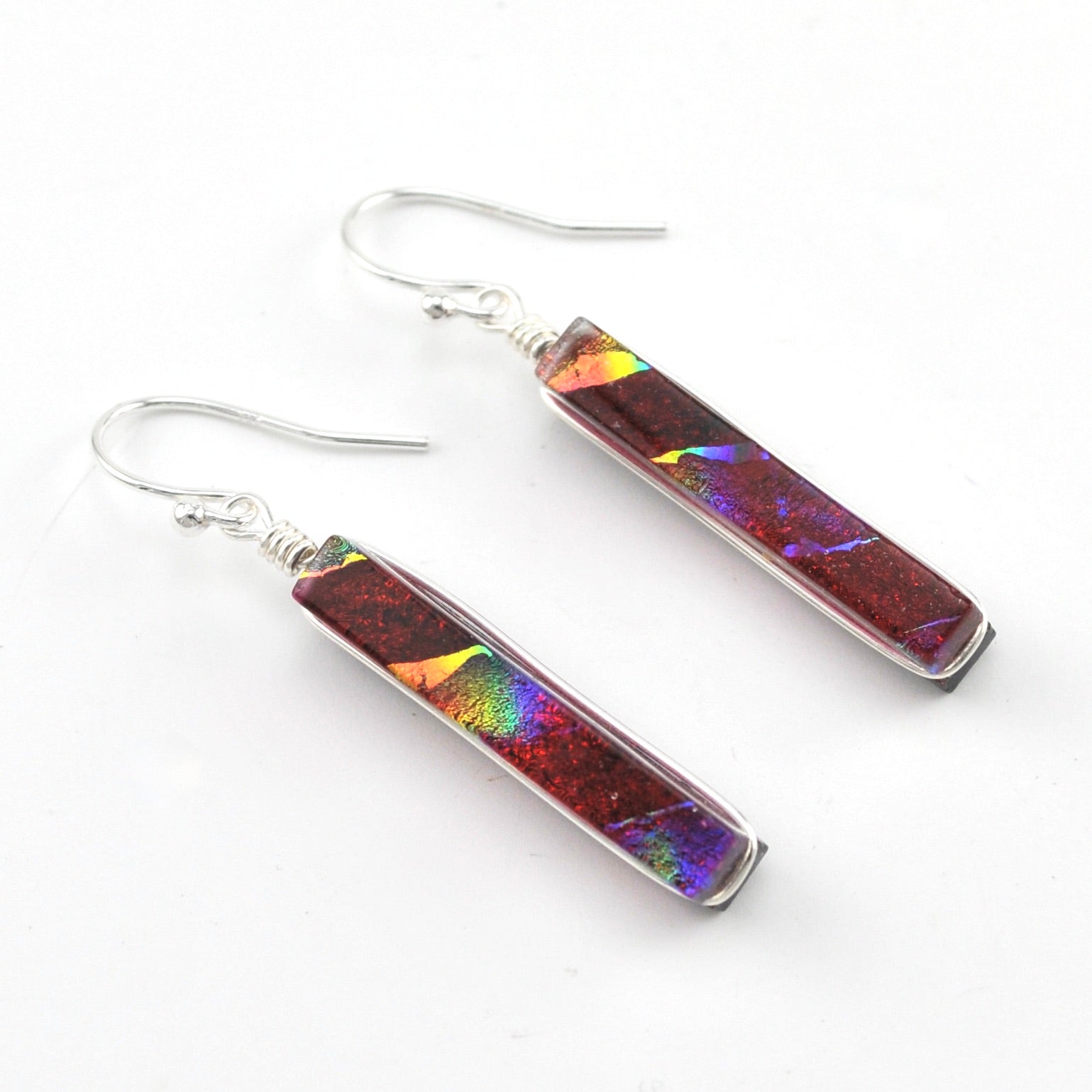 Dichroic Glass Rainbow Red Rectangular Earring