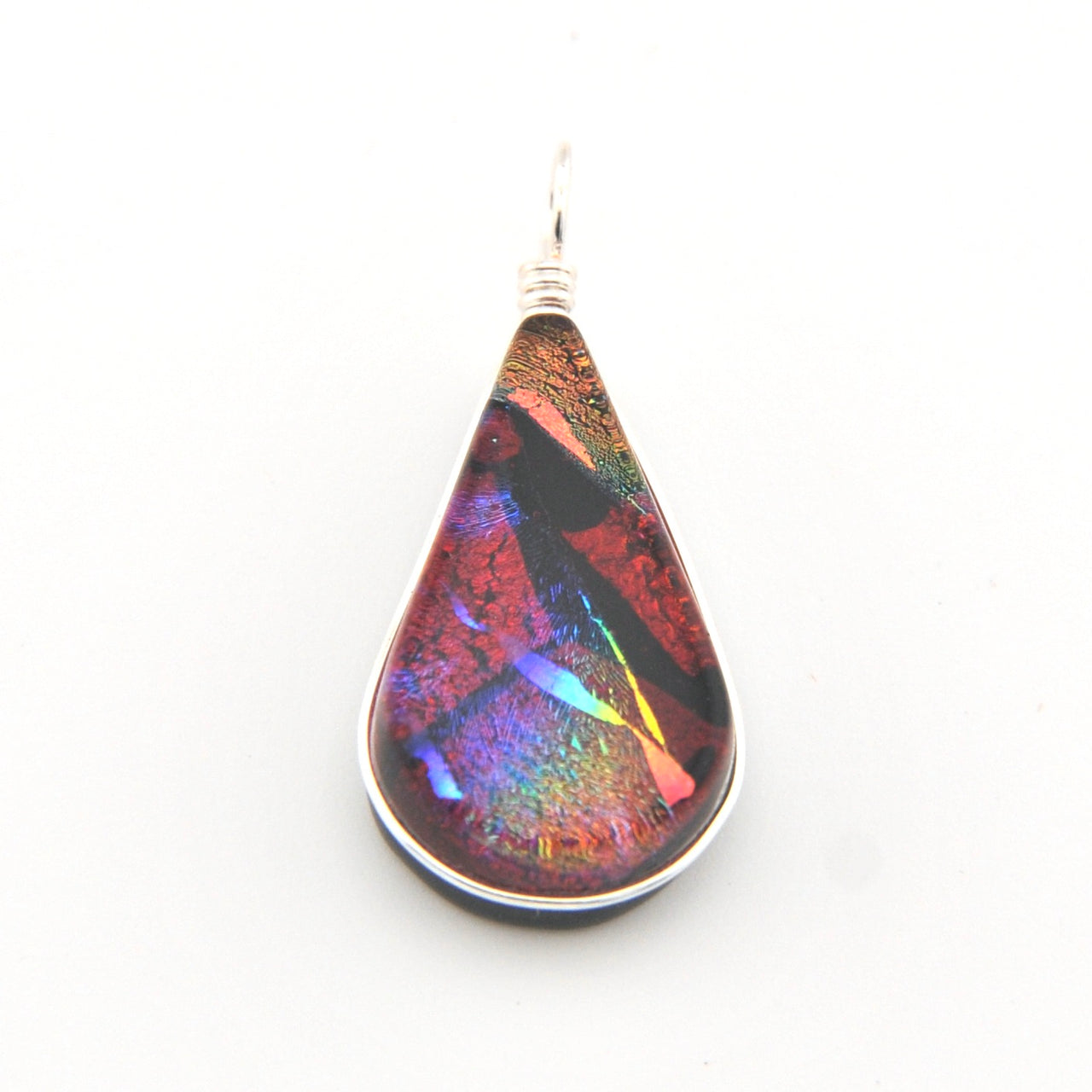 Teardrop-shaped pendant with multicolored iridescent finish on a white background