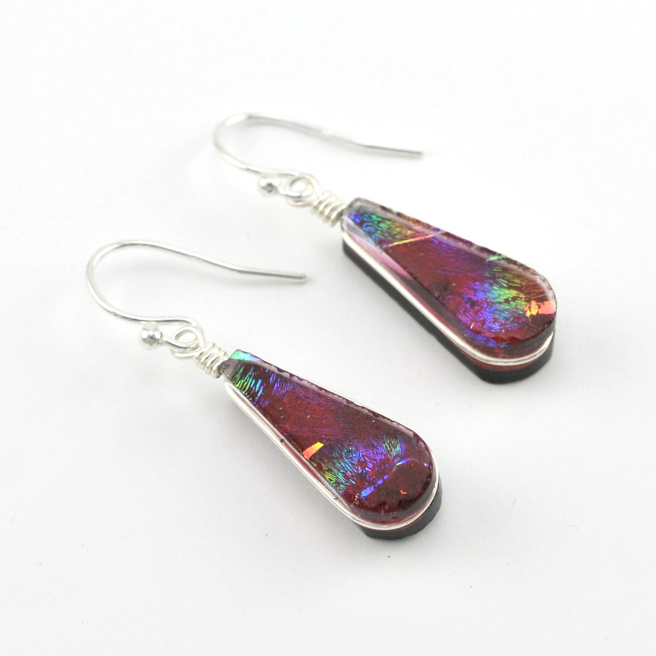 Dichroic Glass Rainbow Red Tear Dangle Earrings