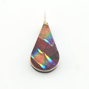 Teardrop-shaped pendant with multicolored iridescent finish on a white background