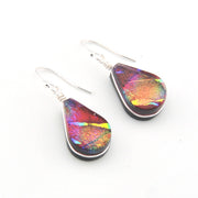 Teardrop-shaped earrings with multicolored iridescent finish on a white background