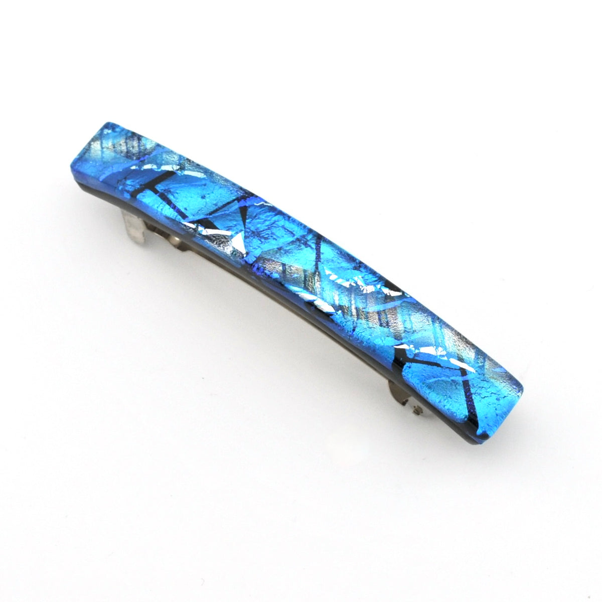 A long, curved hair barrette clip featuring a vibrant blue and black marbled pattern with silver metallic accents, shown on a plain white background.