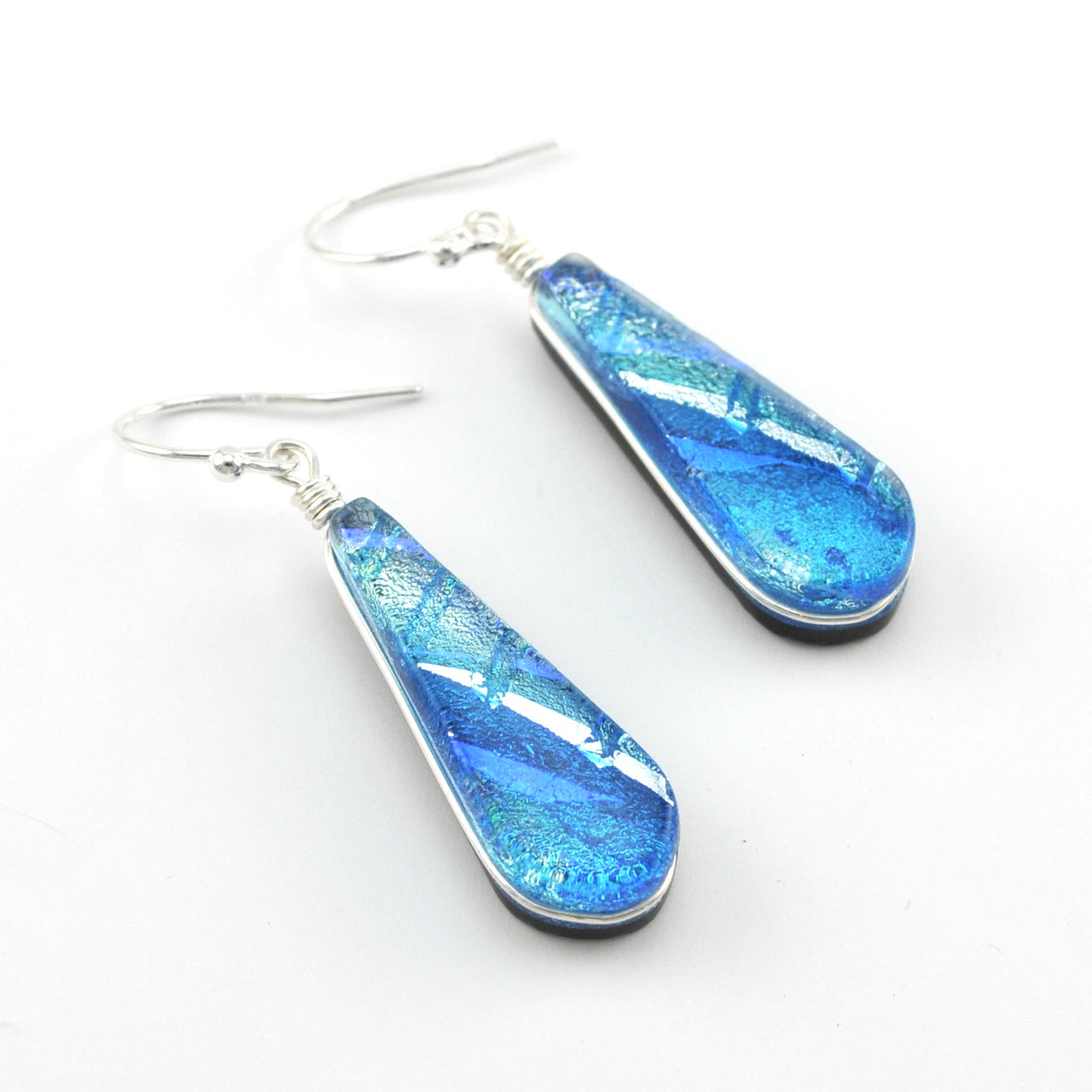 Dichroic Glass Sea Blue Teardrop Dangle Earrings