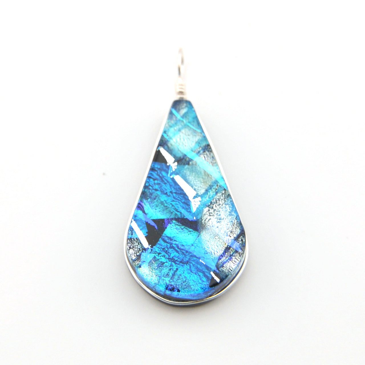Teardrop-shaped blue pendant on a white background