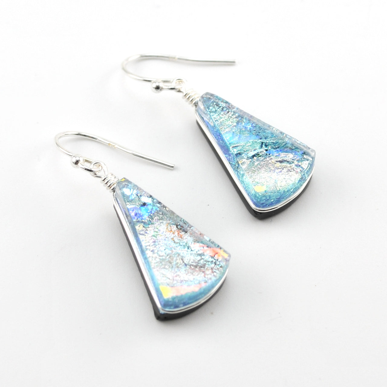 Dichroic Glass Silver Fan Dangle Earrings