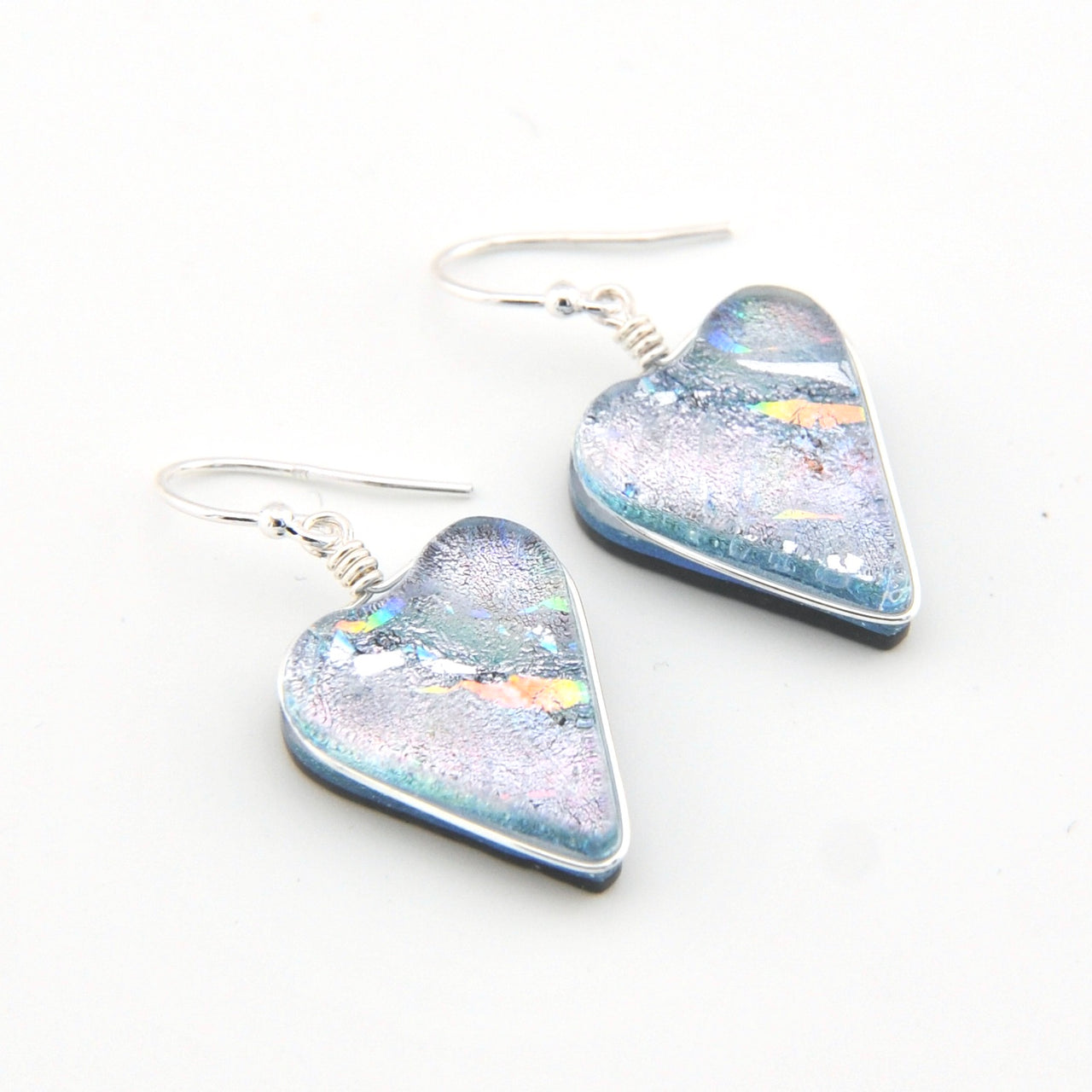 Dichroic Glass Silver Heart Dangle Earrings