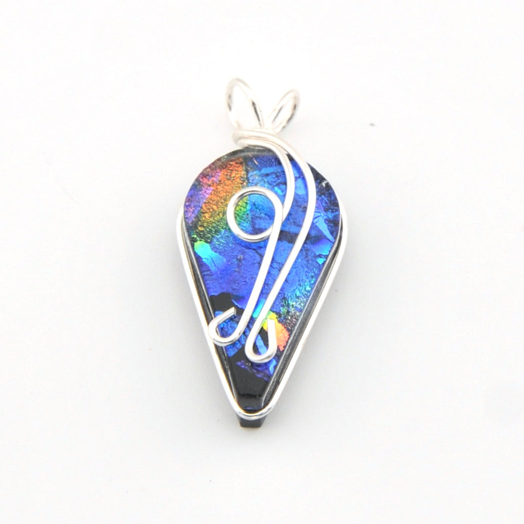 Multicolored teardrop pendant with silver outline on a white background