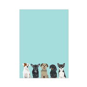 Five cartoon dogs of different breeds on a light blue background