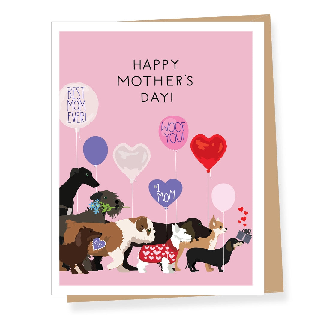 Mother's Day card with dogs and balloons on a pink background