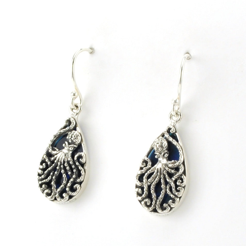 Side View Sterling Silver Blue Abalone Octopus Small Earrings