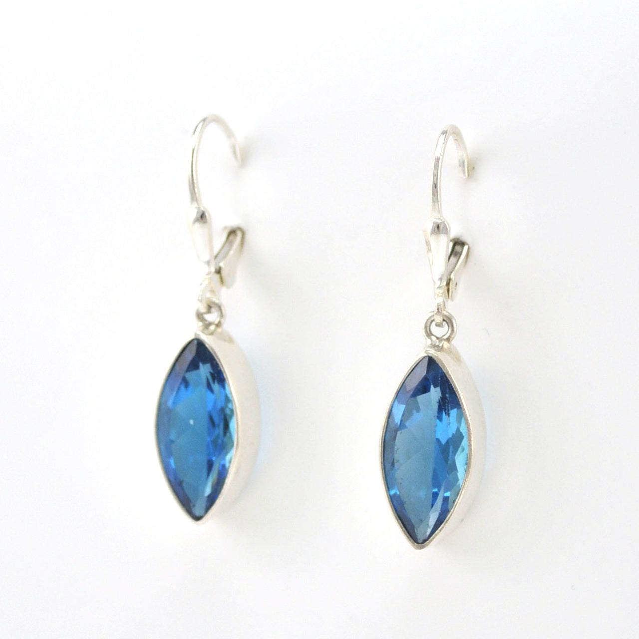 Side View Silver Blue Topaz 7x14mm Marquise Dangle Earrings