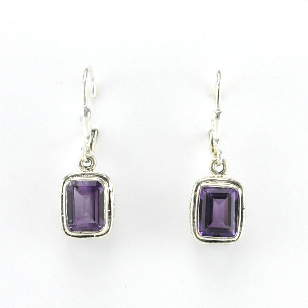 Alt View Sterling Silver Amethyst 6x8mm Rectangle Bali Dangle Earrings