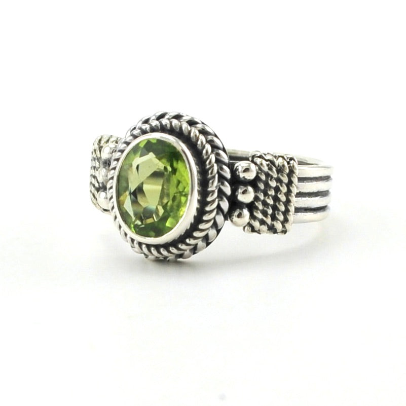 Sterling Silver Peridot 6x8mm Oval Bali Ring