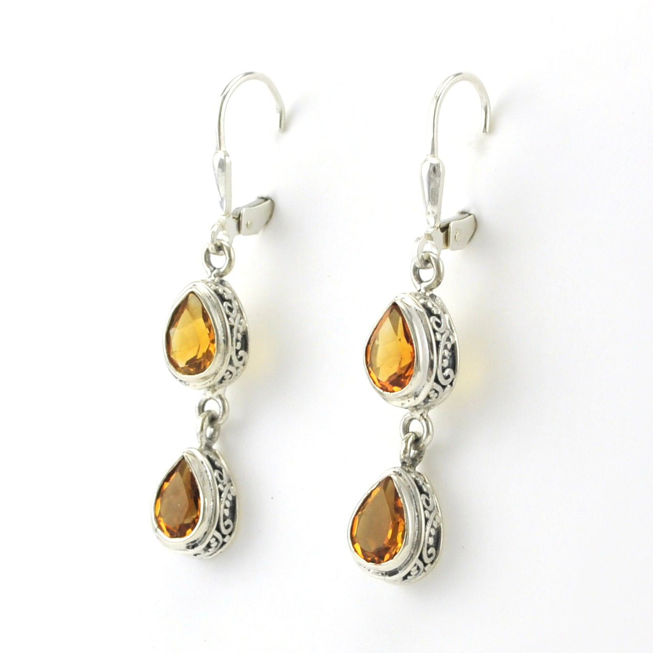 Sterling Silver Citrine 2 Tear Bali Dangle Earrings