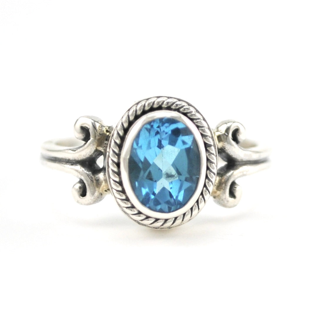 Silver Blue Topaz 6x8mm Oval Scroll Ring