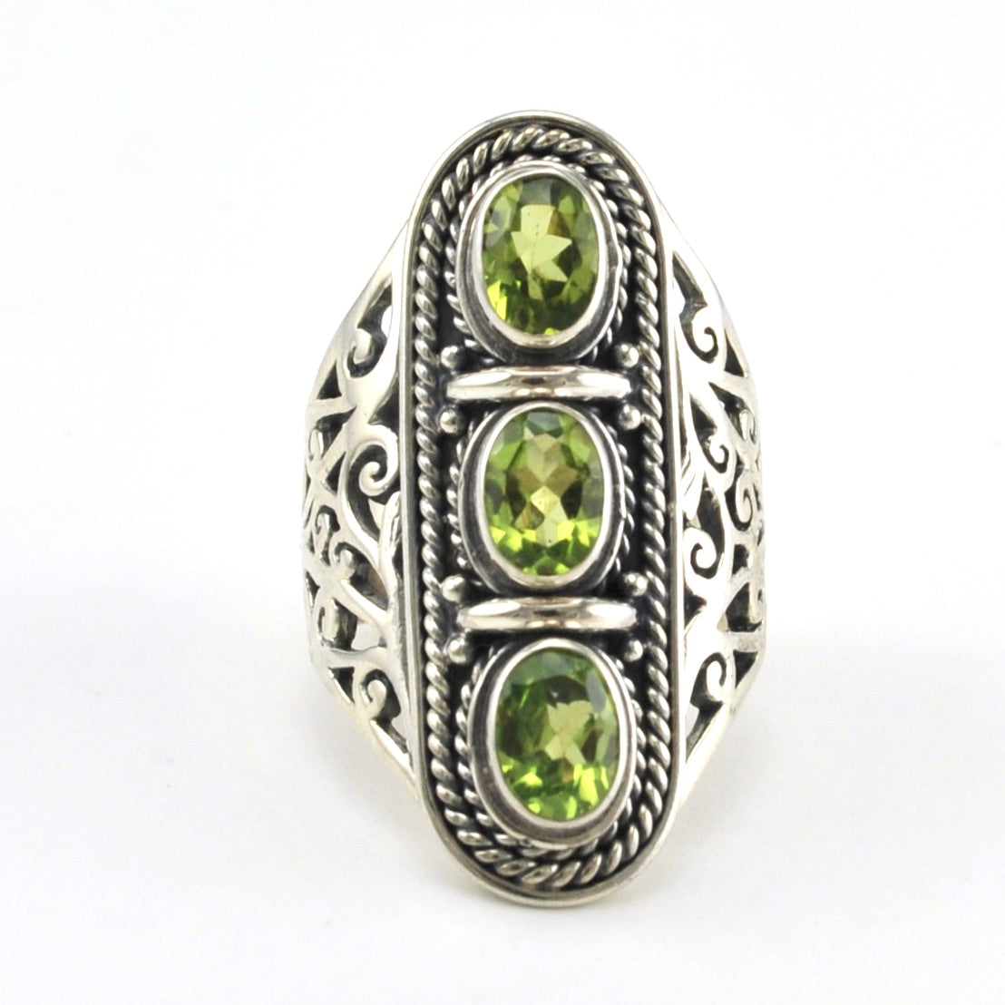 Sterling Silver Peridot 3 Oval Bali Ring Size 7