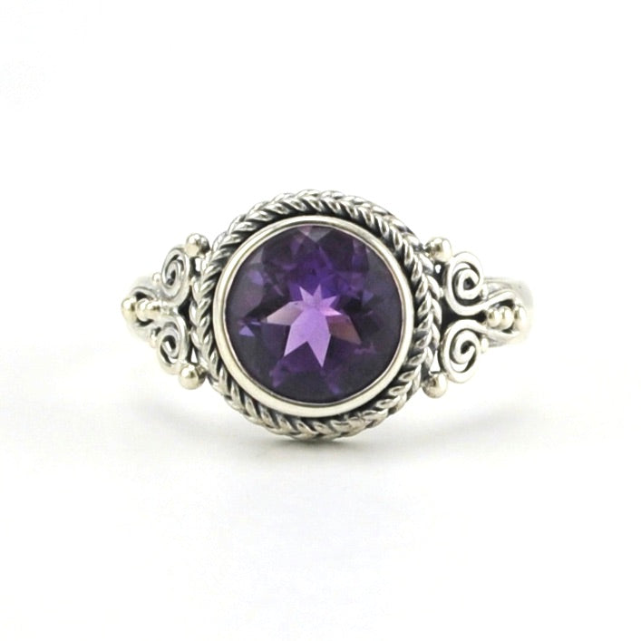 Alt View Sterling Silver Amethyst 8mm Round Bali Ring