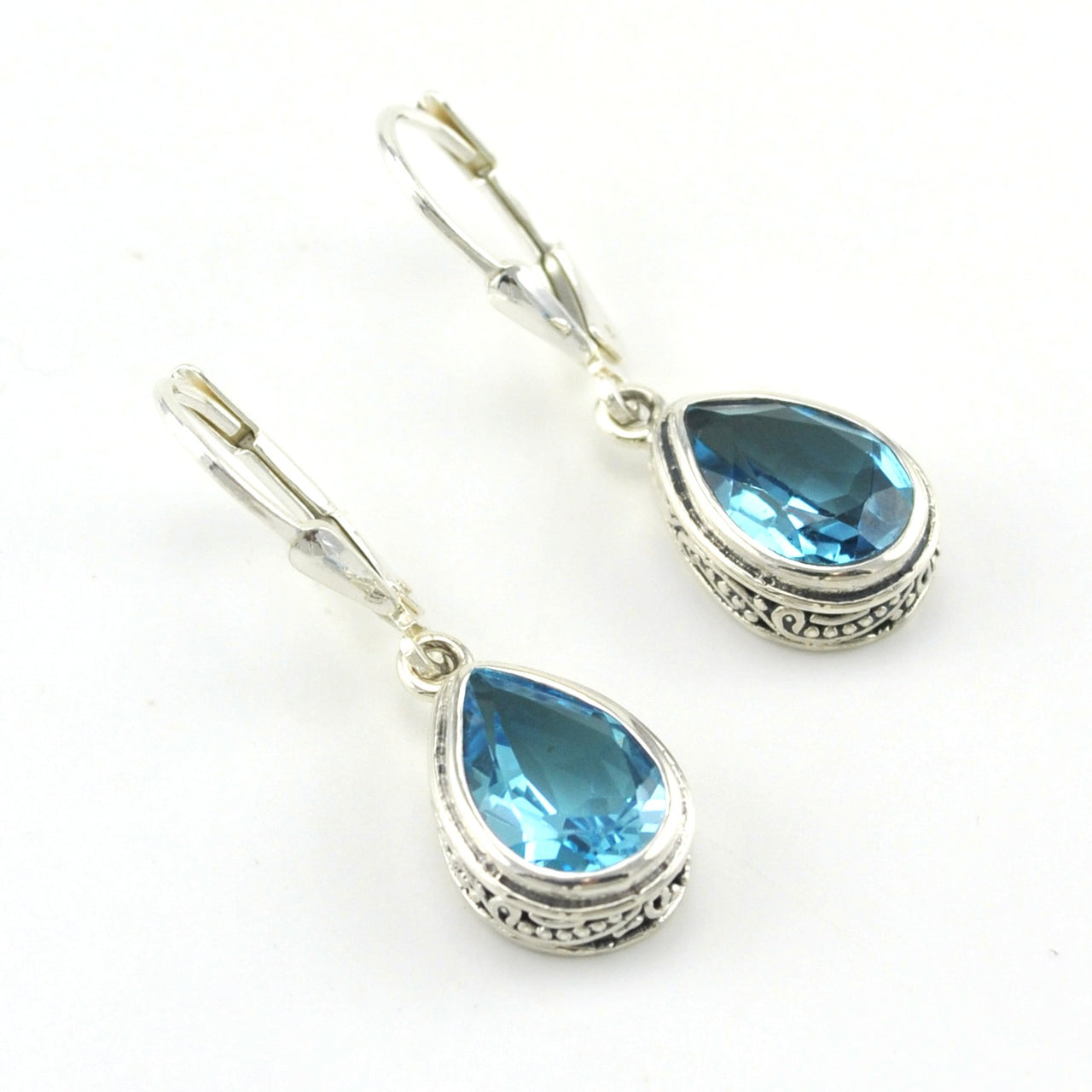Sterling Silver Blue Topaz 7x10mm Tear Bali Dangle Earrings