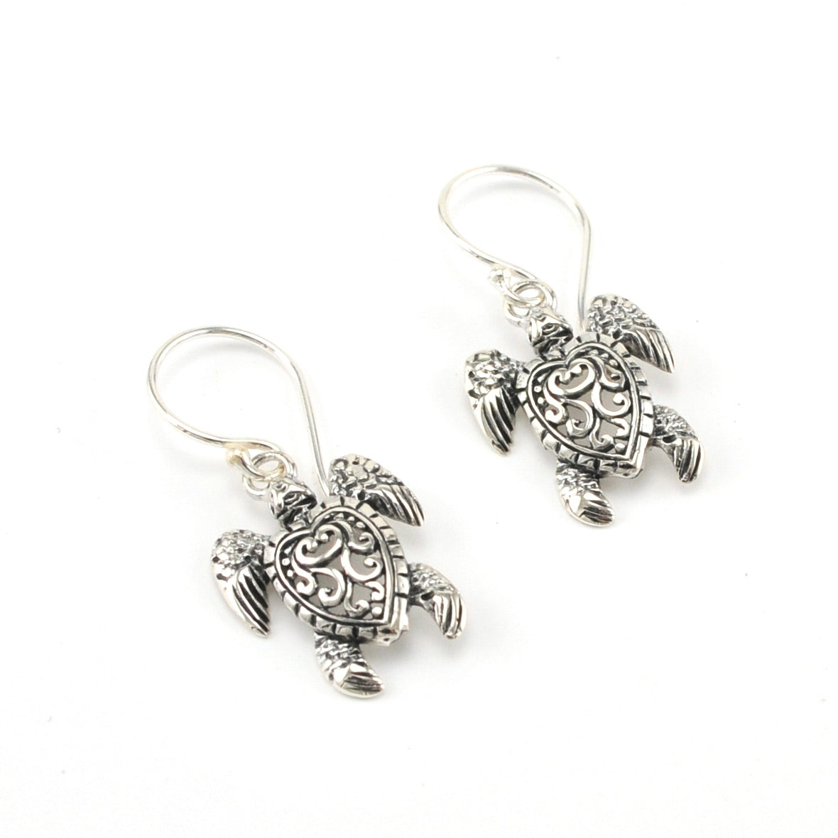 Sterling Silver Sea Turtle Bali Dangle Earrings