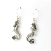 Side View Sterling Silver Mermaid with Amethyst Dangle Earrings