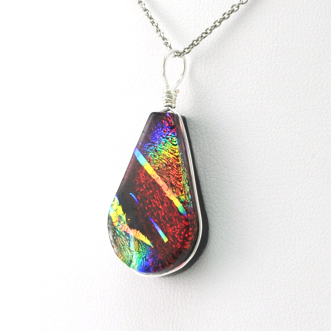 Dichroic Glass Rainbow Red Teardrop Pendant