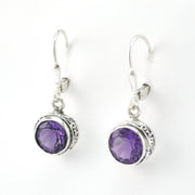 Side View Silver Amethyst 8mm Round Bali Dangle Earrings