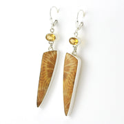 Side View Sterling Silver Fossil Coral with Oval Citrine Dangle Earrings