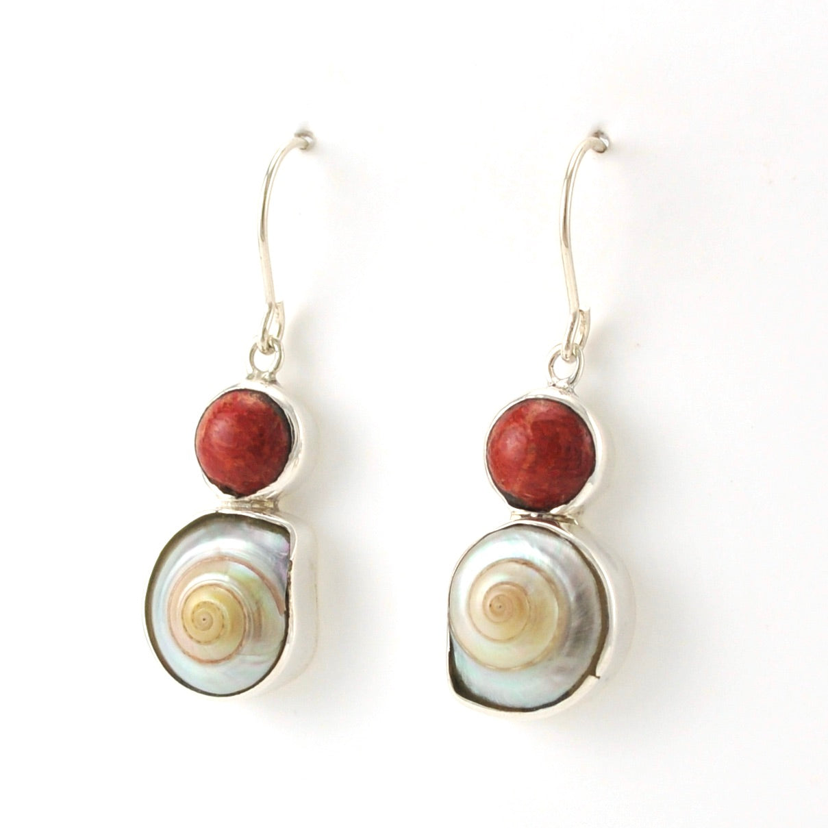 Side View Sterling Silver Red Coral Malabar Shell Earrings