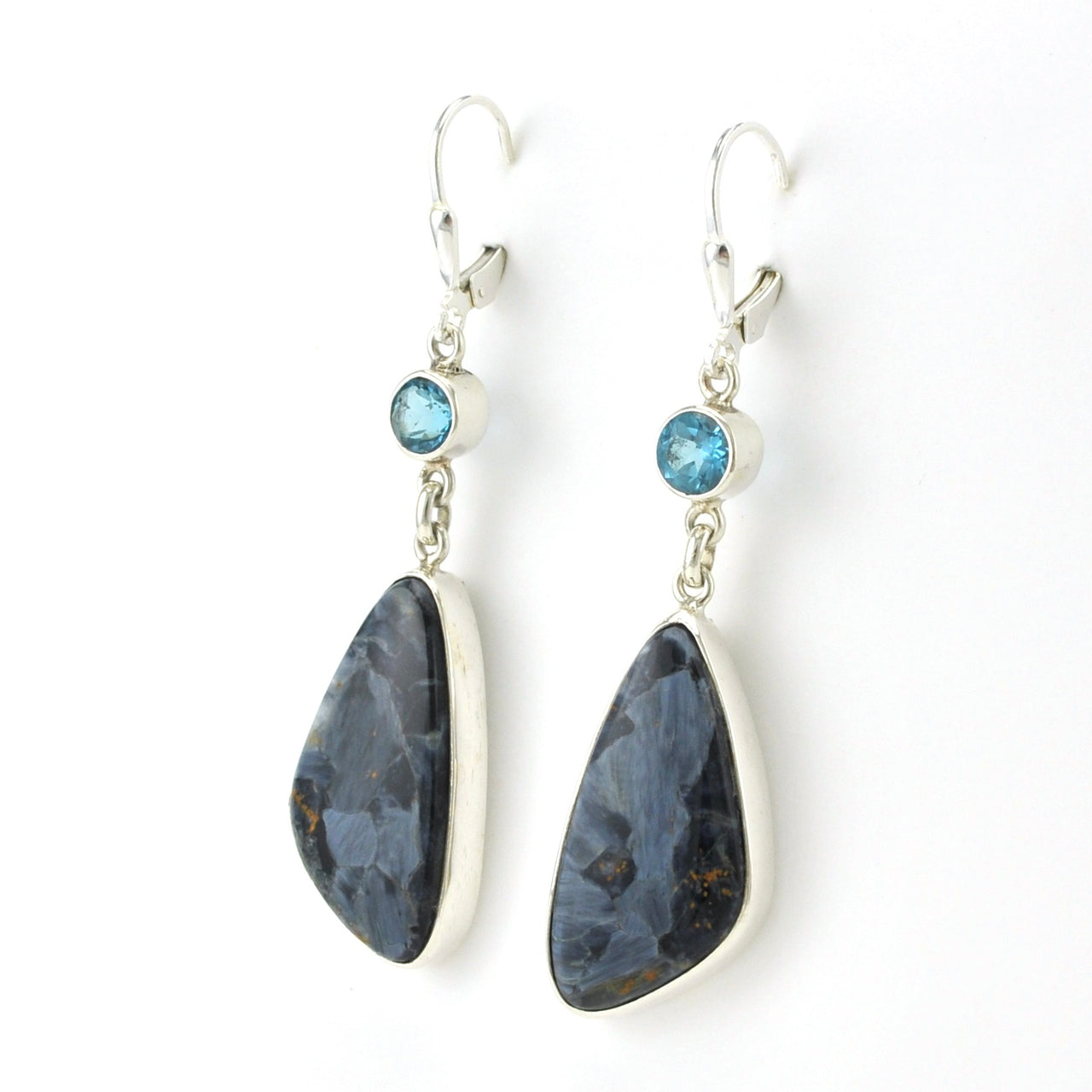 Side View Sterling Silver Pietersite with Topaz Dangle Earrings