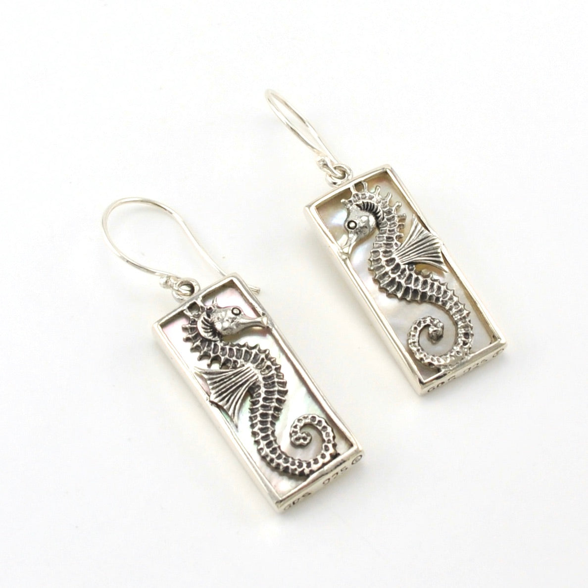 Sterling Silver Mother of Pearl Seahorse Rectangle Earrings