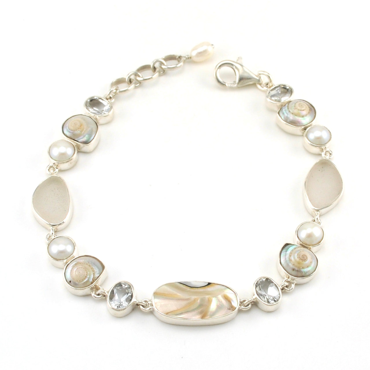 Sterling Silver Nautilus Topaz Sea Shell Pearl Bracelet