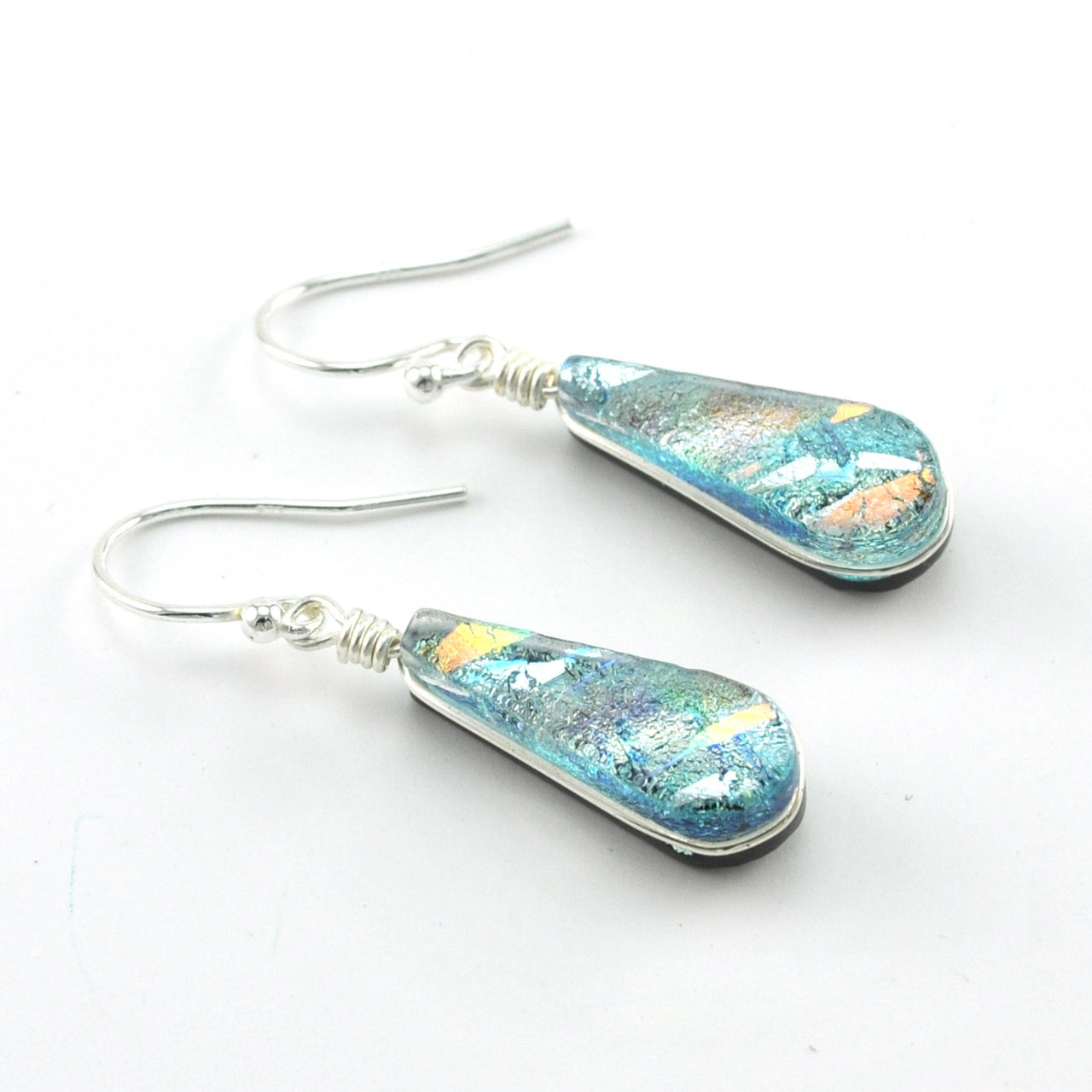 Dichroic Glass Tear Silver Dangle Earrings