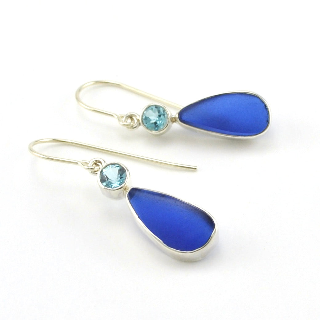 Sterling Silver Blue Topaz Cobalt Sea Glass Tear Earrings