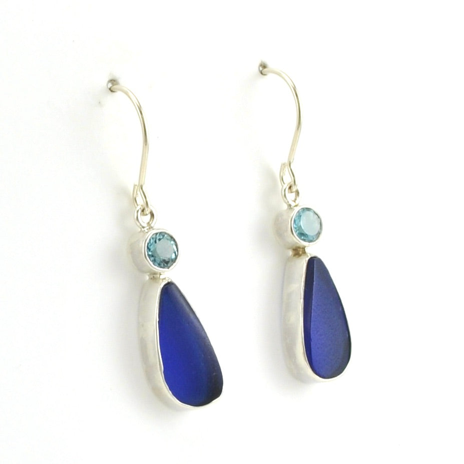 Side View Sterling Silver Blue Topaz Cobalt Sea Glass Tear Earrings