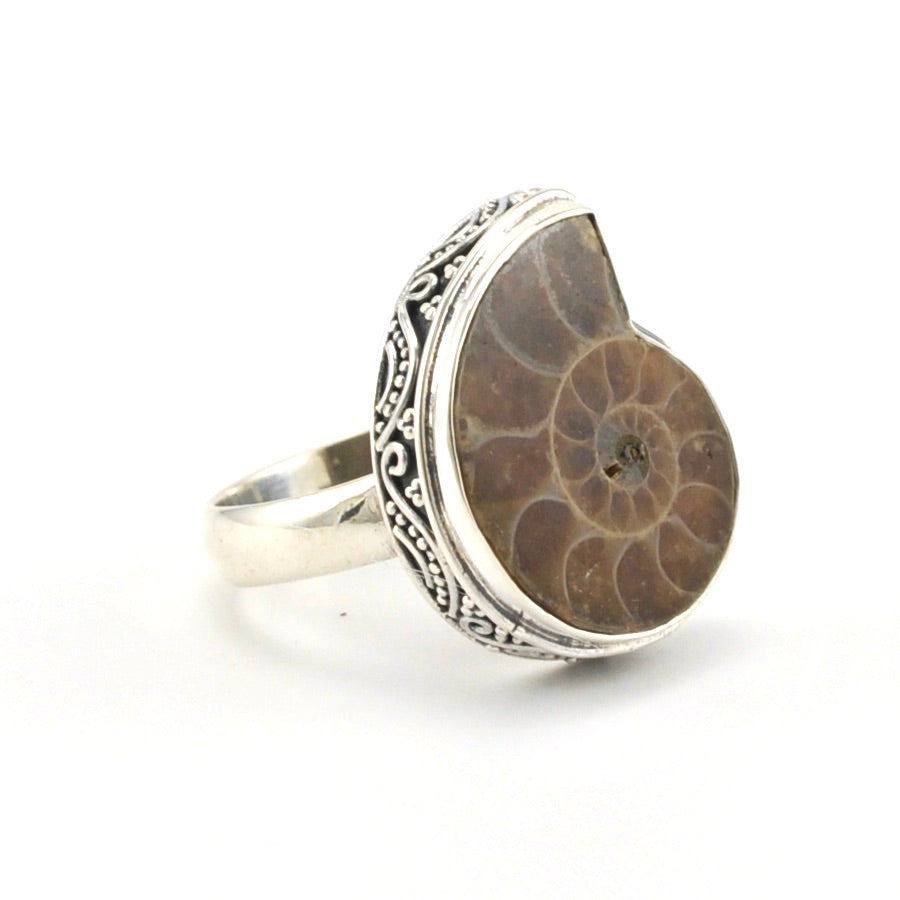 Side View Sterling Silver Ammonite Bali Ring 