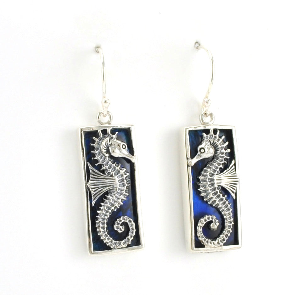 Alt View Sterling Silver Blue Abalone Seahorse Rectangle Earrings
