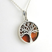 Alt View Sterling Silver Amber Round Tree of Life Necklace